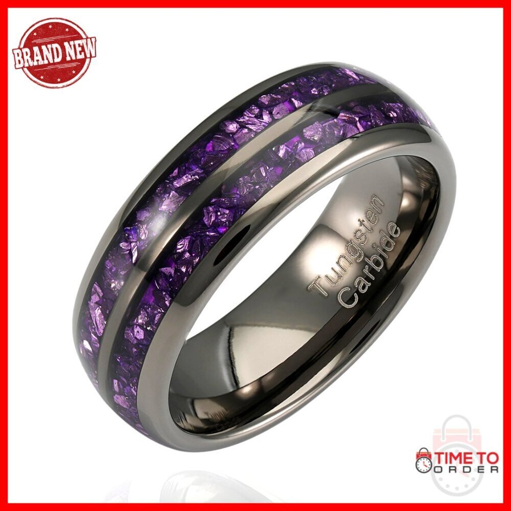 Personalized Tungsten Wedding Band Amethyst Inlay Men's Ring Size 6-16